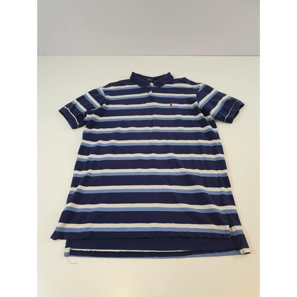 VTG Polo Ralph Lauren Polo Shirt Mens Large Navy Stripe Red Pony USA 90s
